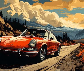 Grafika, Drzewa, Porsche, Samochód, Góry, Droga