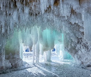 Michigan, Jaskinia, Stany Zjednoczone, Grand Island, Sople, Munising, Zima, Lodowa