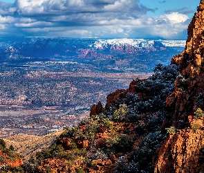 Skały, Arizona, Jerome, Stany Zjednoczone, Sedona, Zachód słońca, Góry, Roślinność, Chmury
