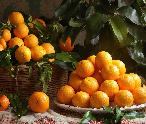 Stół, Talerz, Pomarańcze, Obrus, Koszyk, Owoce, Gałązki