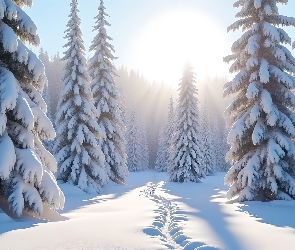 Grafika, Śnieg, Drzewa, Ośnieżone, Choinki, Zima