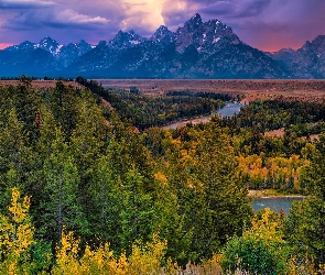 Wyoming, Teton Range, Stany Zjednoczone, Góry, Drzewa, Park Narodowy Grand Teton, Jesień, Rzeka