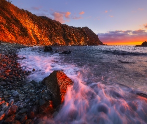 Morze, Skały, Zachód słońca, Wybrzeże, Prefektura Shizuoka, Fale, Japonia, Kumomi