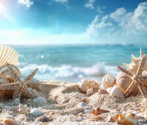 Grafika, Niebo, Muszle, Plaża, Rozgwiazdy, Morze
