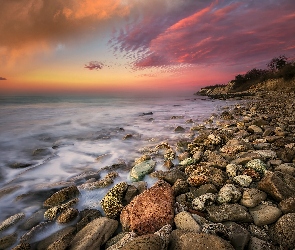 Wschód słońca, Kamienie, Morze, Plaża