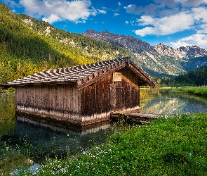 Austria, Pomost, Domek, Trawa, Szopa, Jezioro, Góry, Alpy, Las