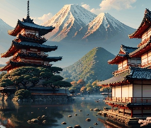 Domy, Grafika, Góry, Jezioro, Pagoda