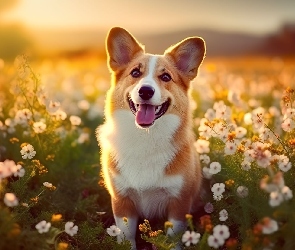 Welsh corgi pembroke, Łąka, Kwiaty, Spojrzenie, Pies