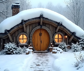 Hobbita, Grafika, Zima, Śnieg, Domek