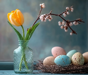 Słoik, Gałazka, Pisanki, Wielkanoc, Gniazdko, Tulipan