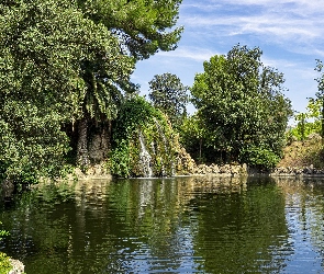 Drzewa, Park, Wodospad, Skały, Staw