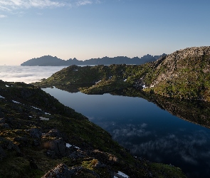 Norwegia, Lofoty, Góry, Niebo, Skały, Morze