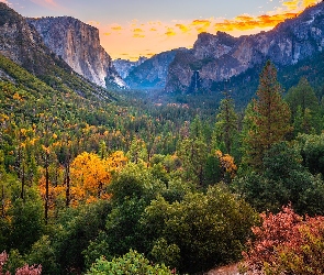 Jesień, Dolina, Kalifornia, Drzewa, Góry, Stany Zjednoczone, Park Narodowy Yosemite
