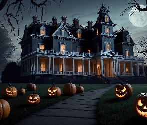 Noc, Dynie, Halloween, Świecące, Drzewa, Dom, Księżyc, Droga