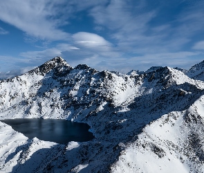 Góry, Jezioro, Zima, Śnieg, Ariege, Pireneje, Francja, Etang Blaou
