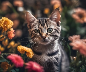 Grafika, Kwiaty, Kot, Kocię