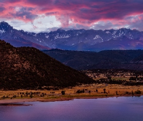 Stany Zjednoczone, Blue Lake, Jezioro, Stan Kolorado, Góra, San Juan Mountains, Mount Sneffels, Drzewa, Góry, Jesień