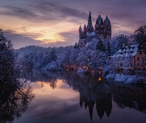 Limburg, Dom, Niemcy, Katedra Świętych Jerzego i Mikołaja, Drzewa, Rzeka Lahn, Kościół, Oszronione
