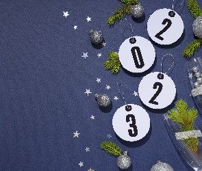 Cyfry, Kieliszki, Nowy Rok, Dwa, Gałązki, 2023, Gwiazdki, Bombki