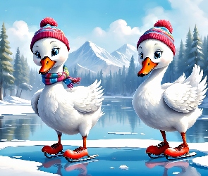 Grafika, Jezioro, Góry, 2D, Drzewa, Zima, Kaczki, Czapki, Łyżwy