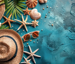Plaża, Liście Lato, Okulary, Muszelki, Rozgwiazdy, Kapelusze, Muszelki