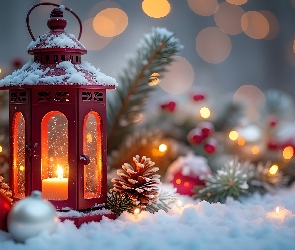 Kompozycja, Grafika, Szyszki, Lampion, Bombki, Śnieg