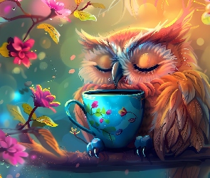 Kwiaty, Grafika, Sowa, Filiżanka
