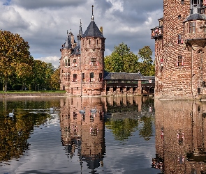 Drzewa, Odbicie, Utrecht, Holandia, Zamek De Haar, Staw