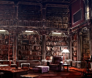 Wnętrze, Książki, Grafika, Regały, Lampy, Biblioteka, Globus, Fotel