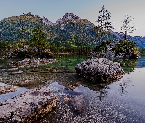 Niemcy, Kamienie, Las, Skały, Jezioro Hintersee, Alpy, Bawaria, Gmina Berchtesgadener, Góry