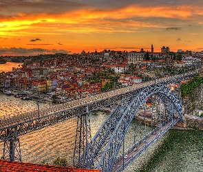 Domy, Most, Miasto, Zachód słońca, Rzeka Duero, Portugalia, Porto