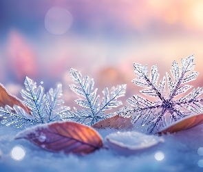 Grafika, Śnieg, Śnieżynki, Liście