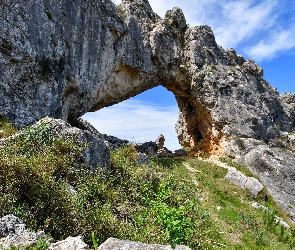 Łuk skalny, Niebo, Kamienie, Trawa, Skała