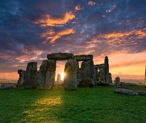 Hrabstwo Wiltshire, Zachód Słońca, Kamienie, Anglia, Niebo, Kromlech Stonehenge, Równina Salisbury