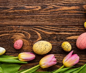 Tulipany, Wielkanoc, Drewno, Pisanki, Żółto-różowe