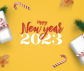 Nowy Rok, Żółte, Życzenia, Tło 2D, Happy New Year, Gałązki, 2023, Prezenty, Lizaki