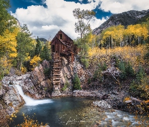 Drewniany, Kolorado, Skały, Stany Zjednoczone, Drzewa, Crystal River, Młyn, Crystal Mill, Rzeka