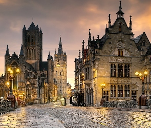 Latarnie, Kościół św Mikołaja, Most św Michała, Smocza Wieża, Gandawa, Dzwonnica, Belgia, Domy