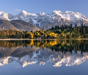 Góry, Lasy, Jezioro, Drzewa, Niemcy, Karwendel, Odbicie, Bawaria