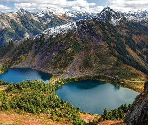 Porośnięte, Stan Waszyngton, Drzewa, Stany Zjednoczone, Śnieg, Twin Lakes, Góry Kaskadowe, Winchester Mountain, Jeziora