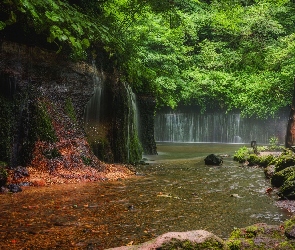 Skała, Rzeka, Karuizawa, Japonia, Shiraito Falls, Wodospady