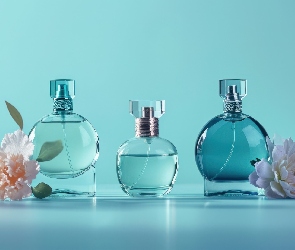 Flakon, Tło, Niebieskie, Kwiaty, Perfumy