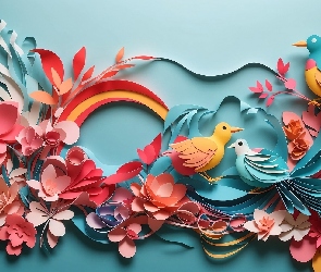Ptaki, Kwiaty, Grafika, Papierowe