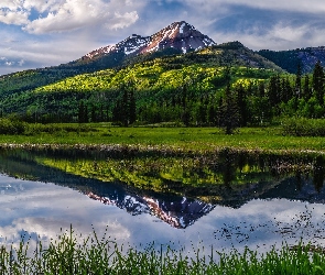 San Juan Mountains, Chmury, Góry, Drzewa, Stan Kolorado, Jezioro, Stany Zjednoczone, Odbicie