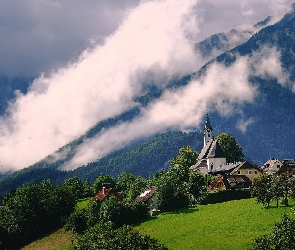 Mgła, Wieś, Las, Góry, Drzewa, Kościół
