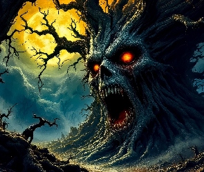 Drzewa, Chmury, Zachód słońca, Wilkołak, Fantasy