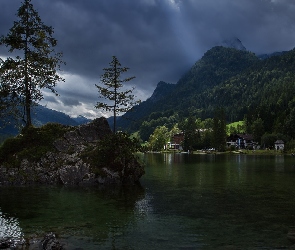 Drzewa, Domy, Jezioro, Niemcy, Skały, Góry, Hintersee