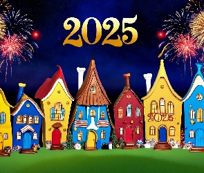 Domy, Fajerwerki, 2025, Nowy Rok, Grafika