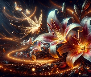 Lilie, Kwiaty, Grafika, Rozświetlone
