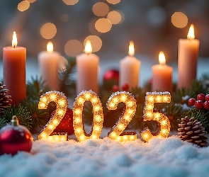 2025, Śnieg, Nowy Rok, Świece, Gałązki, Szyszki, Grafika, Świerkowe